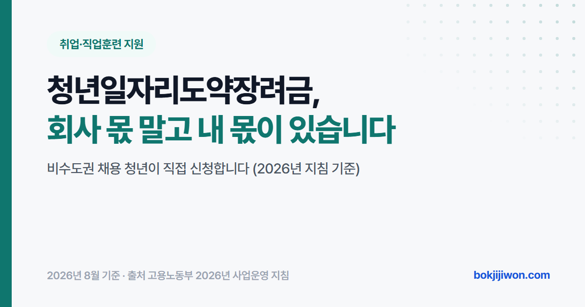 청년일자리도약장려금 안내 이미지. 회사가 받는 기업지원금 말고 청년 본인의 몫이 따로 있으며, 비수도권 채용 청년이 직접 신청합니다. 2026년 고용노동부 사업운영 지침 기준 자료입니다.