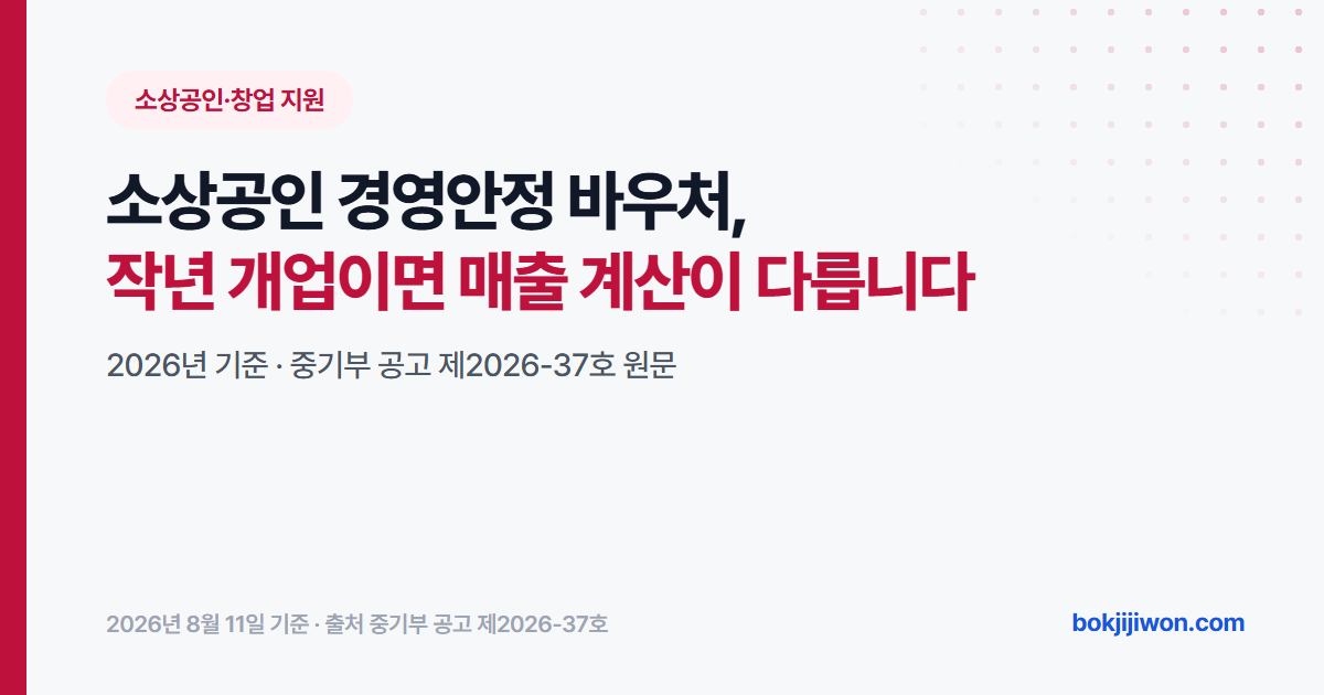 소상공인 경영안정 바우처 안내 이미지. 2025년에 개업했다면 매출을 일수가 아니라 개월로 나눠 연 환산해야 대상 여부가 바르게 나옵니다. 2026년 중소벤처기업부 공고 제2026-37호 원문을 기준으로 정리한 자료입니다.