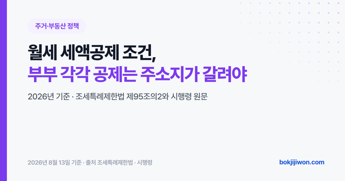 월세 세액공제 조건 안내 이미지. 부부가 각각 공제받으려면 주소지가 서로 다른 시·군 또는 자치구여야 한다는 2026년 신설 조건을 담고 있습니다. 조세특례제한법 제95조의2와 시행령 제95조 원문을 기준으로 정리한 자료입니다.