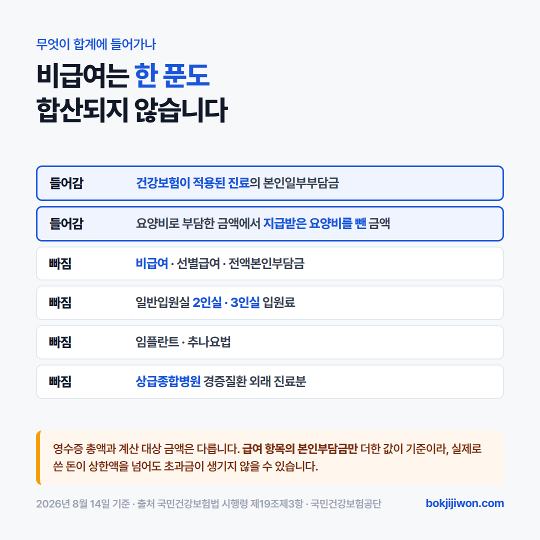 본인부담상한액 계산에 들어가는 것과 빠지는 것 — 들어가는 것은 건강보험 적용 진료의 본인일부부담금과 요양비 자기부담분, 빠지는 것은 비급여·선별급여·전액본인부담·2인실 3인실 입원료·임플란트·추나요법·상급종합병원 경증질환 외래