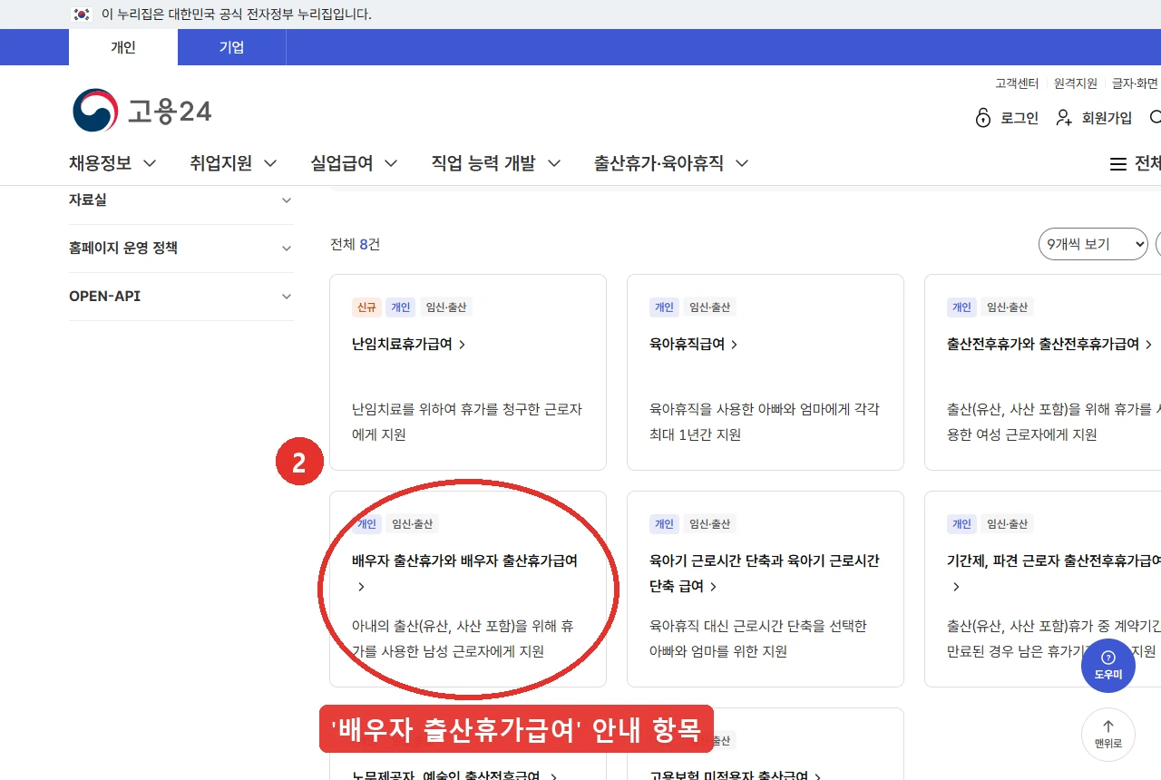 고용24 출산휴가·육아휴직 정책 안내 목록입니다. '배우자 출산휴가와 배우자 출산휴가급여' 항목을 붉은 표시로 나타냈습니다. 설명에 아내의 출산(유산, 사산 포함)을 위해 휴가를 사용한 남성 근로자에게 지원한다고 적혀 있습니다.