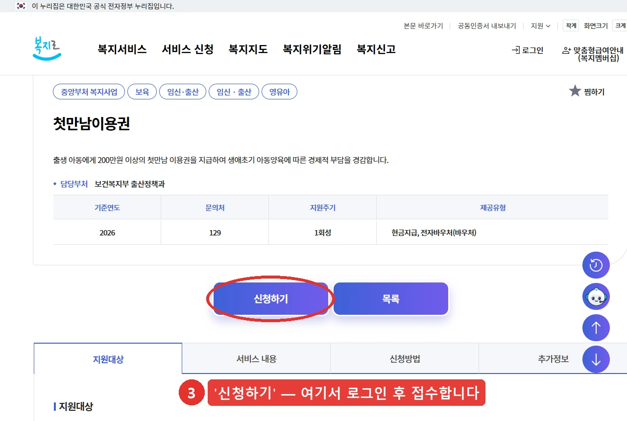 복지로 첫만남이용권 상세 화면입니다. 담당부처는 보건복지부 출산정책과이고 기준연도 2026, 지원주기 1회성, 제공유형은 현금지급과 전자바우처입니다. 화면 가운데 신청하기 버튼을 누르면 로그인 후 접수가 진행됩니다