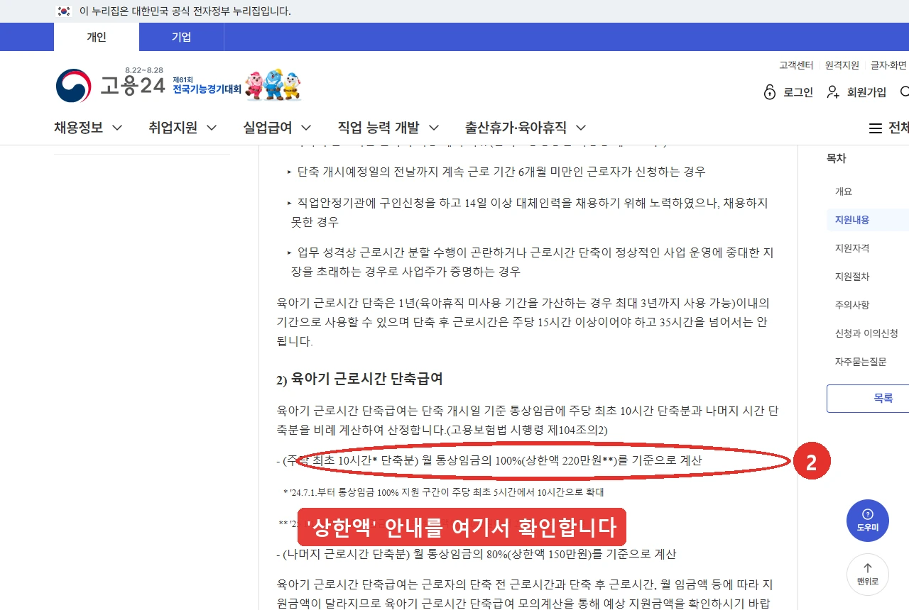 고용24 육아기 근로시간 단축 급여 안내 화면 — 지원내용 절에 2번 표시, 주당 최초 10시간 단축분은 월 통상임금의 100퍼센트로 상한액 220만원, 나머지 근로시간 단축분은 월 통상임금의 80퍼센트로 상한액 150만원이라고 적혀 있다