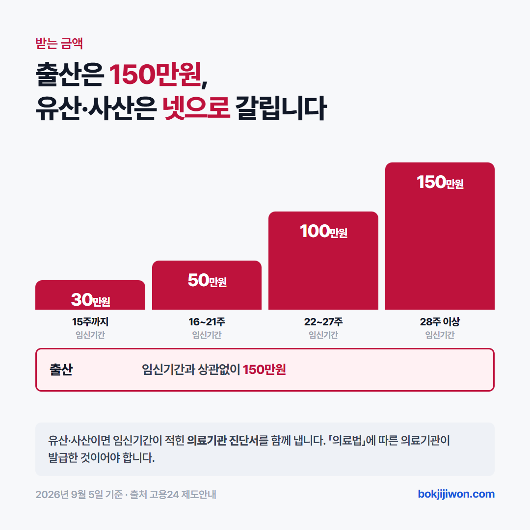 고용보험 미적용자 출산급여 금액입니다. 출산이면 150만원을 받습니다. 유산이나 사산이면 임신기간에 따라 금액이 갈려서, 임신 15주까지는 30만원, 16주에서 21주는 50만원, 22주에서 27주는 100만원, 28주 이상은 150만원입니다. 유산·사산인 경우에는 임신기간이 적힌 의료기관 진단서를 함께 냅니다. 2026년 9월 5일 고용24 제도안내 기준입니다.