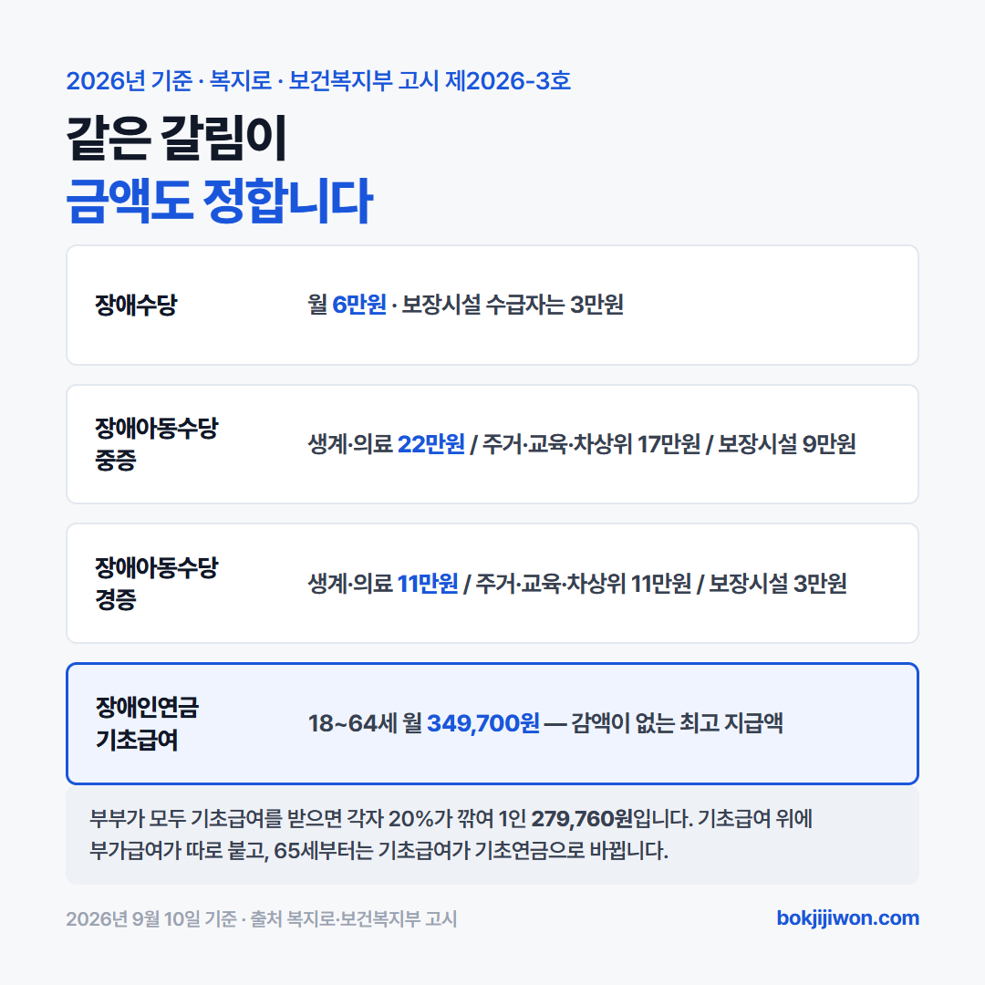2026년 장애수당 월 6만원, 장애아동수당 중증 22만원, 장애인연금 기초급여 349,700원 비교