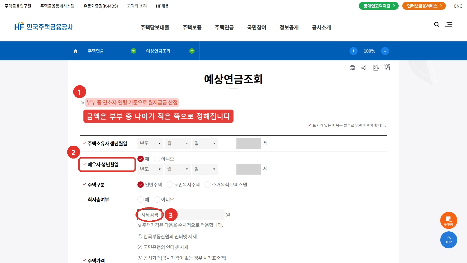 한국주택금융공사 예상연금조회 화면. 1번은 부부 중 연소자 연령 기준으로 월지급금을 계산한다는 안내, 2번은 배우자 생년월일 칸, 3번은 주택가격의 시세검색 버튼이다. 그 아래에 주택가격을 한국부동산원 인터넷 시세, 국민은행 인터넷 시세, 공시가격, 감정평가액 순서로 적용한다는 안내가 보인다.