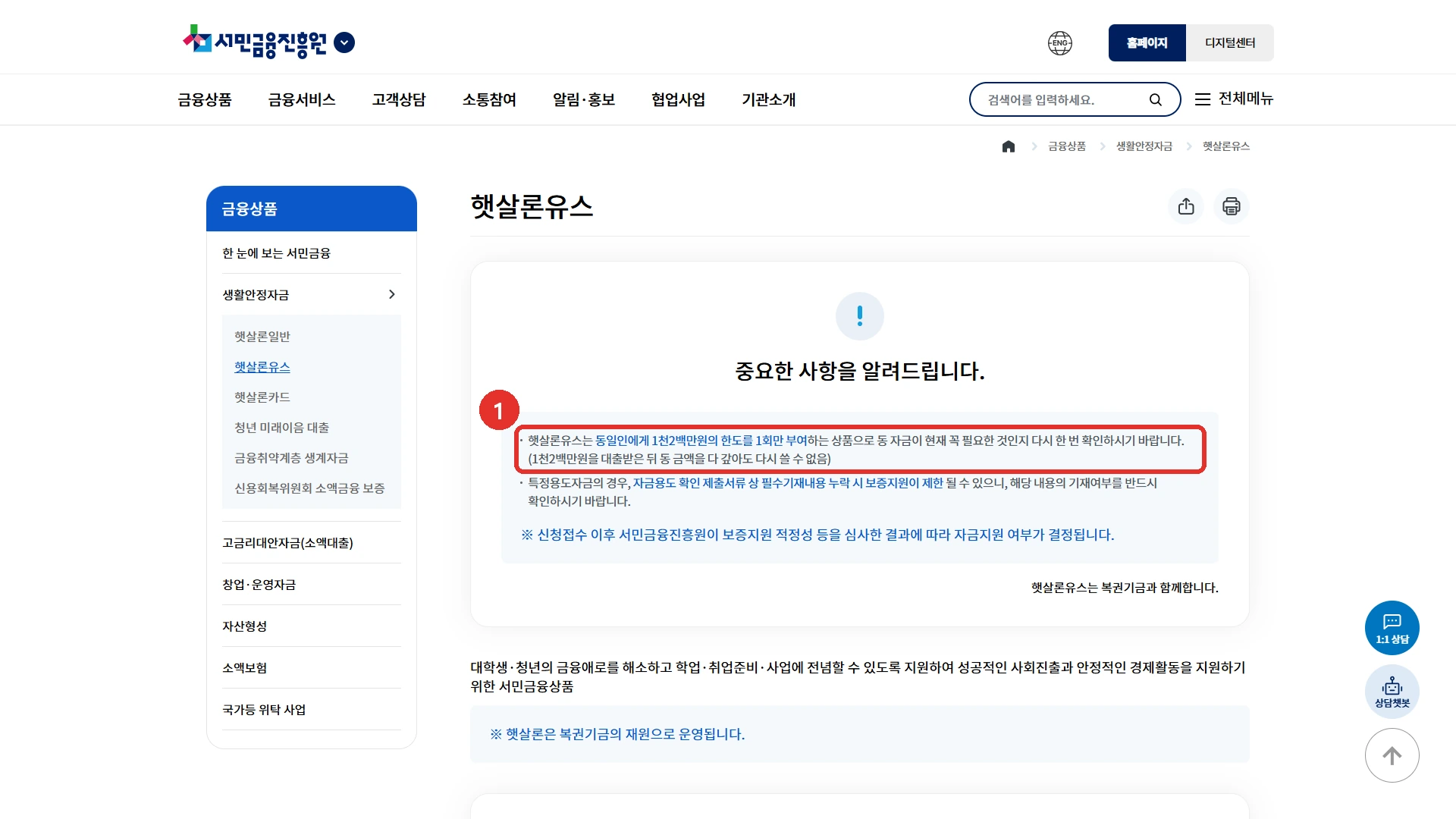 서민금융진흥원 햇살론유스 상품 안내 첫 화면의 「중요한 사항을 알려드립니다」 상자. 햇살론유스는 동일인에게 1천2백만원의 한도를 1회만 부여하는 상품이고 1천2백만원을 대출받은 뒤 다 갚아도 다시 쓸 수 없다는 문장에 붉은 표시를 했습니다.
