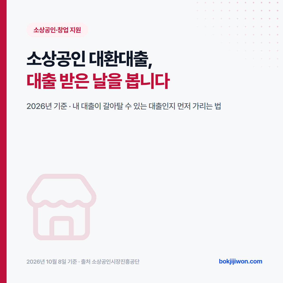 소상공인 대환대출 대표 이미지. 2026년 기준으로 대출 받은 날을 본다는 제목과, 내 대출이 갈아탈 수 있는 대출인지 먼저 가리는 법이라는 설명이 적혀 있습니다. 2026년 10월 8일 기준, 출처 소상공인시장진흥공단.