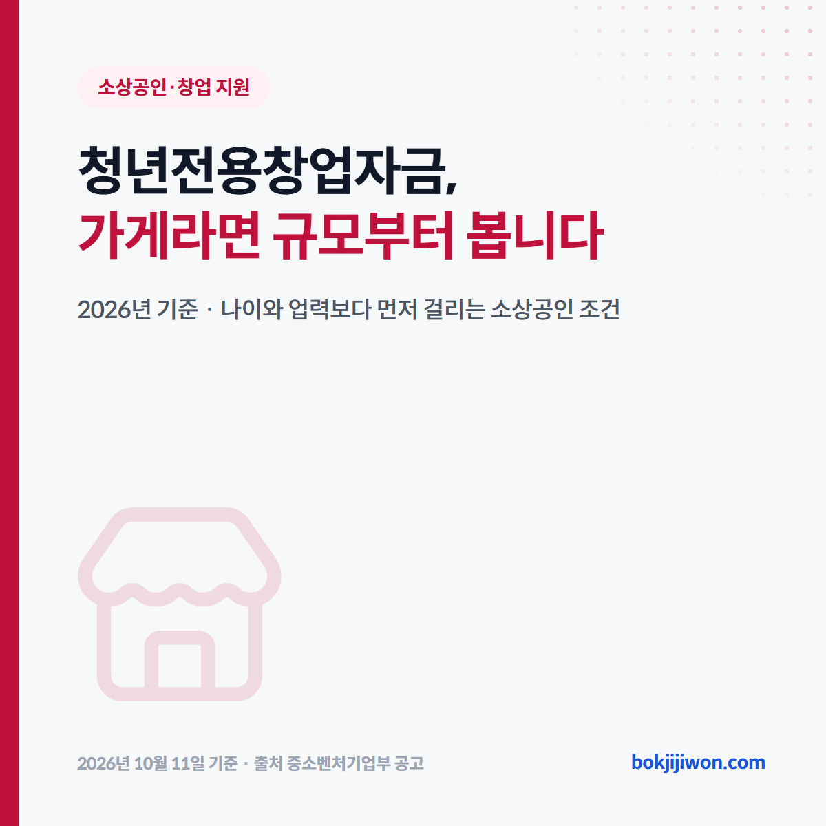 청년전용창업자금 대표 이미지. 2026년 기준으로 가게라면 규모부터 본다는 제목과, 나이와 업력보다 먼저 걸리는 소상공인 조건이라는 설명이 적혀 있습니다. 2026년 10월 11일 기준, 출처 중소벤처기업부 공고.