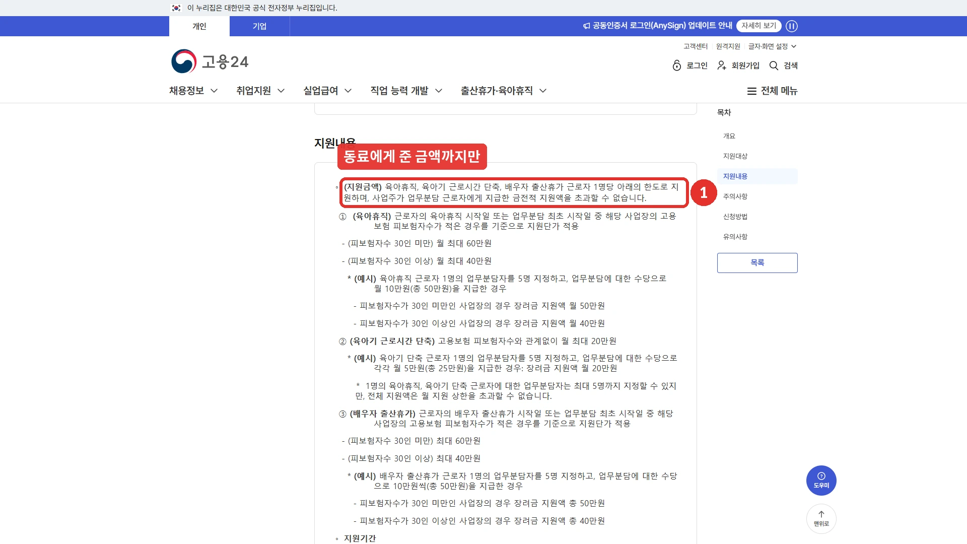 고용24 고용정책 상세 업무분담 지원금 화면의 지원내용. 지원금액 문단에 휴가·휴직 근로자 1명당 한도로 지원하며 사업주가 업무분담 근로자에게 지급한 금전적 지원액을 초과할 수 없다는 문장이 표시돼 있고, 아래에 육아휴직 피보험자 30인 미만 월 최대 60만원, 30인 이상 월 최대 40만원, 육아기 근로시간 단축 월 최대 20만원, 배우자 출산휴가 30인 미만 최대 60만원, 30인 이상 최대 40만원과 예시가 이어진다.
