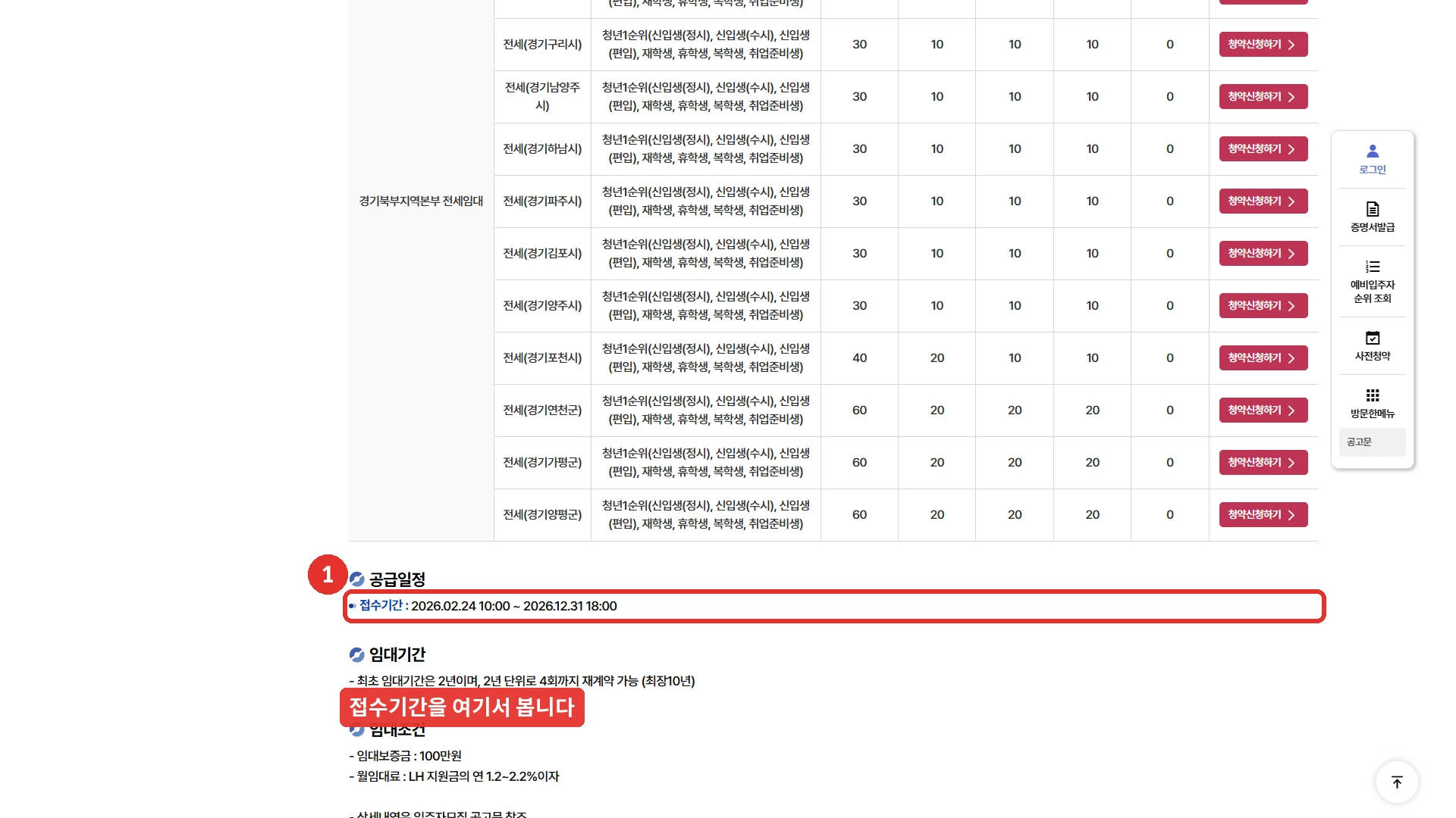 LH청약플러스의 2026년 청년 전세임대 1순위 입주자 수시모집 공고 상세 화면입니다. 지역별 공급 표의 오른쪽 칸마다 청약신청하기 버튼이 있고, 공급일정의 접수기간 2026년 2월 24일 10시부터 2026년 12월 31일 18시까지를 붉은 표시로 나타냈습니다. 아래에 임대기간은 2년 단위로 4회까지 재계약(최장 10년), 임대보증금 100만원, 월 임대료는 LH 지원금의 연 1.2~2.2% 이자라고 나와 있습니다. 2026년 10월 15일에 확인한 화면입니다.