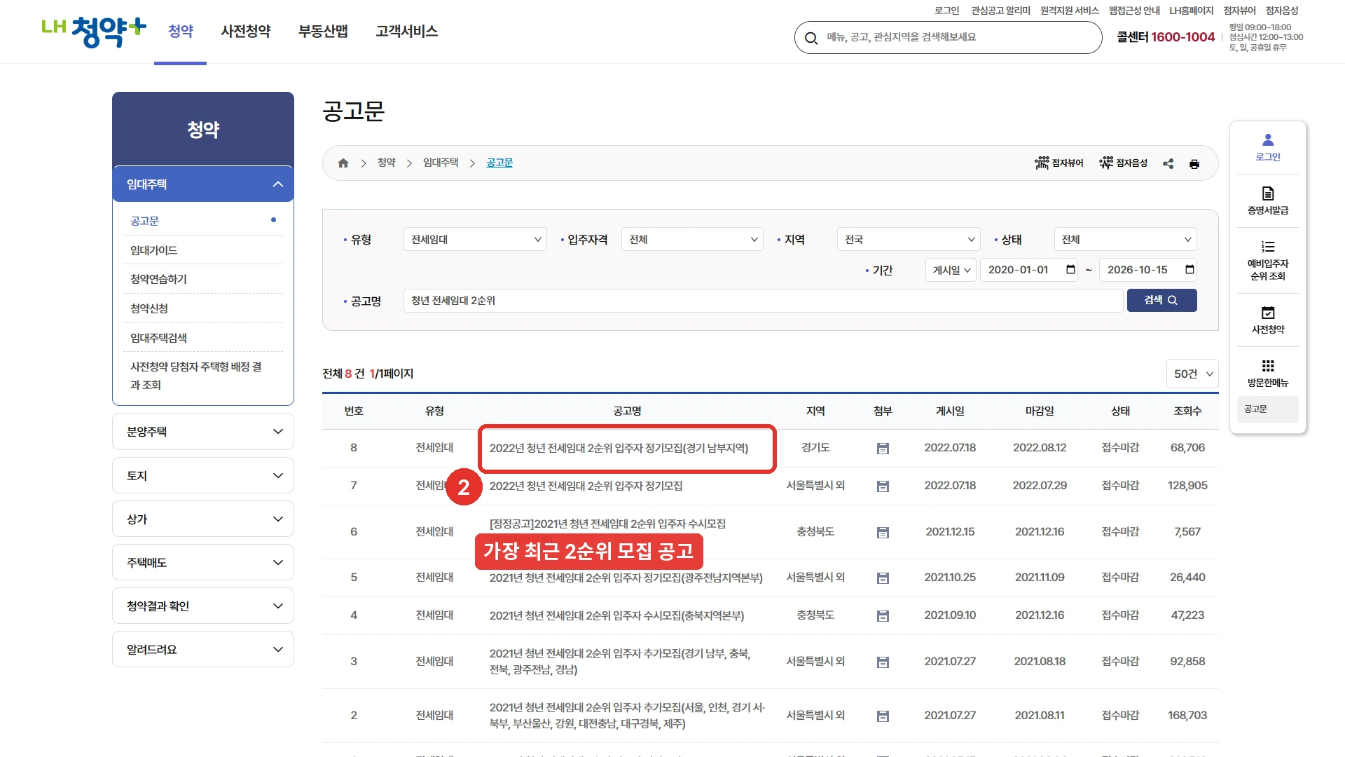 LH청약플러스 공고문 목록에서 유형 전세임대, 상태 전체, 게시일 2020년 1월 1일부터로 공고명 청년 전세임대 2순위를 검색한 화면입니다. 전체 8건 가운데 맨 위가 2022년 7월 18일에 게시된 2022년 청년 전세임대 2순위 입주자 정기모집(경기 남부지역, 마감 2022년 8월 12일)과 같은 날 서울특별시 외 지역 공고(마감 2022년 7월 29일)이고, 나머지는 2021년 공고입니다. 맨 위 공고를 붉은 표시로 나타냈습니다. 2026년 10월 15일에 확인한 화면입니다.