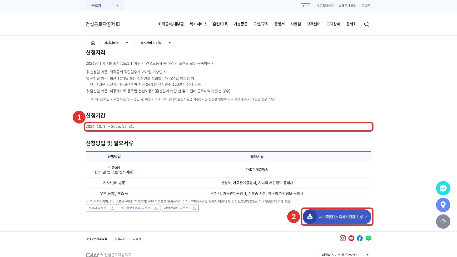 건설e음 복지서비스 신청 메뉴의 새가족(출산) 축하지원금 화면입니다. 신청자격 세 가지(신청일 기준 적립일수 252일 이상, 신청일 기준 최근 12개월 또는 직전년도 100일 이상, 출산일 기준 피공제자)와 신청방법별 필요서류가 나와 있고, 1번 붉은 테두리는 신청기간 2026년 10월 1일부터 2026년 12월 31일까지, 2번은 화면 아래 새가족(출산) 축하지원금 신청 버튼입니다. 넷째 칸을 누른 뒤의 화면이고, 2026년 10월 18일에 확인했습니다.